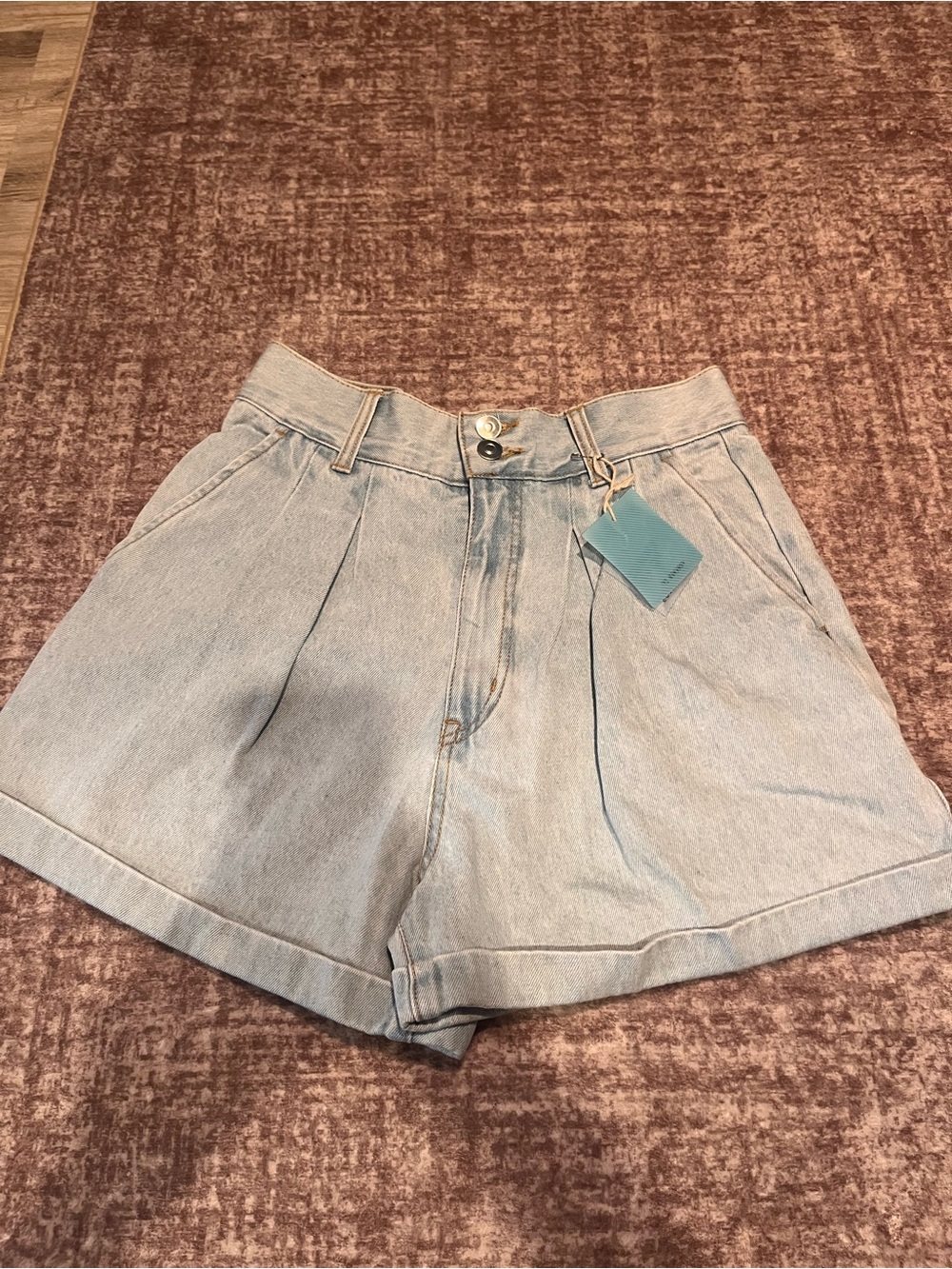 Forever 21 Light Blue High-Waist Pleated Denim Shorts